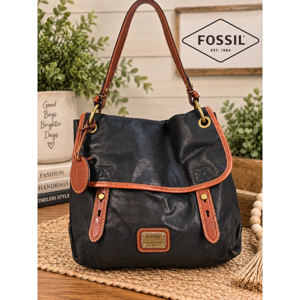 Fossil Long Live Vintage Black Leather Hobo Crossbody Bag Cognac Trim Brass